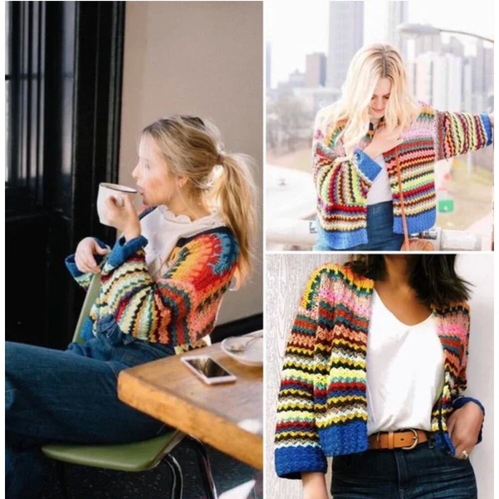 Moth Multicolor Crochet Stripe Cardigan - Blue, Pink, Yellow, Green, Brown - Picture 3 of 15